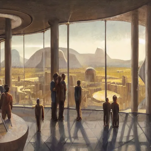 Image similar to detailed face of a synthetic sentient super - intelligent humanoid with eyes warming up, rammed earth courtyard, cool skydome, fresh atmosphere, ambient, pj crook, syd mead, livia prima, greg rutkowski, nick alm, casey baugh