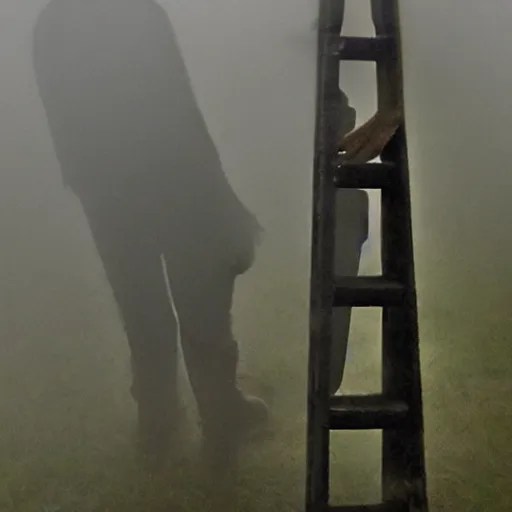 Image similar to a ghostly hand holding a metal step ladder emerges from the mist