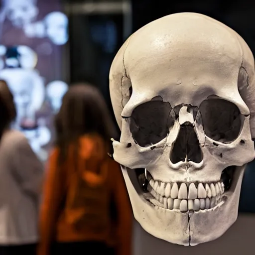 Prompt: Human skull in a museum with robotic tourists looking at it, alien language, science fiction