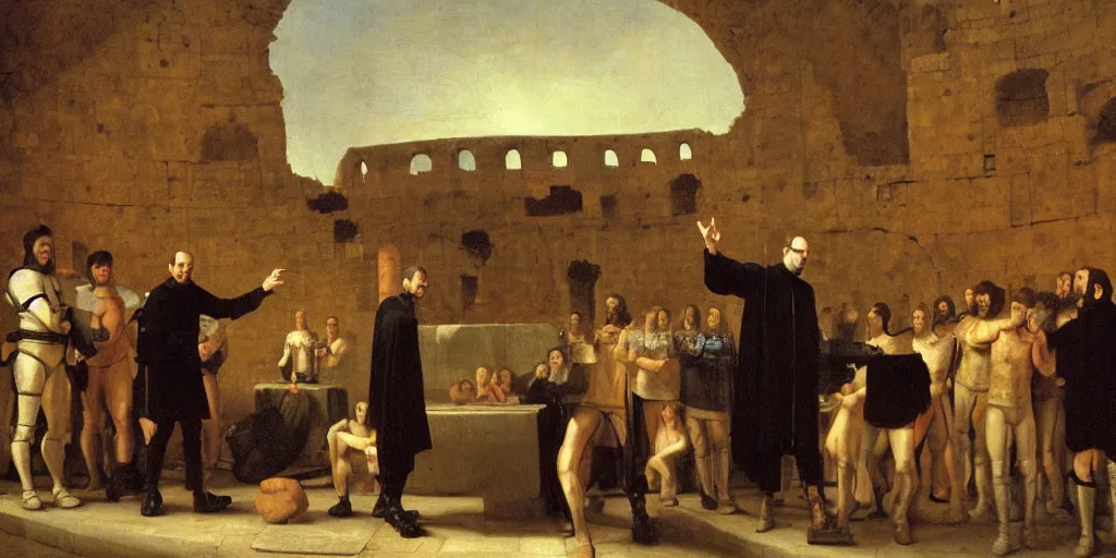 Prompt: a beautiful oil painting of Steve Jobs making a presentation in a medieval colosseum by Rembrandt and Dino Valls and George Stubbs and Greg Rutkowski