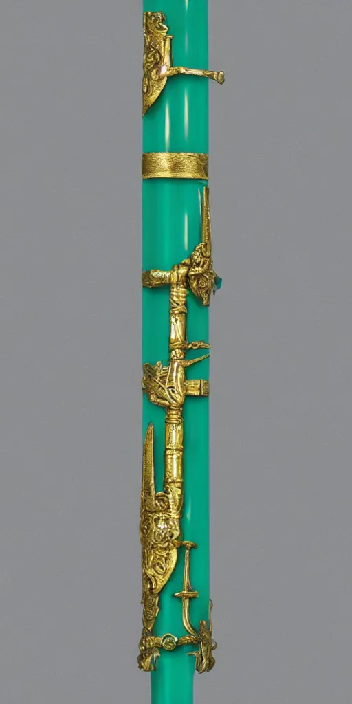 Image similar to photograph of a wide green and teal crystal sword with a big gold sword hilt