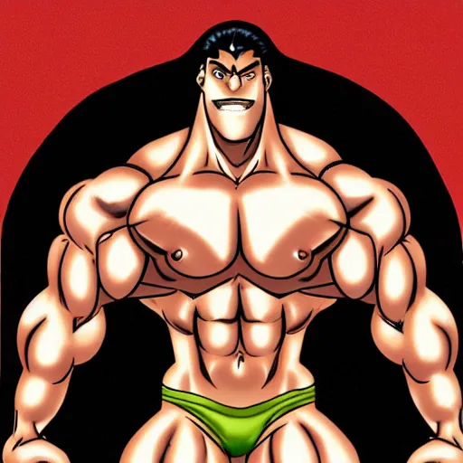 Prompt: a large muscular and beefy man, posed flexing his muscles. tan skin, manga illustration, 2 0 0 7