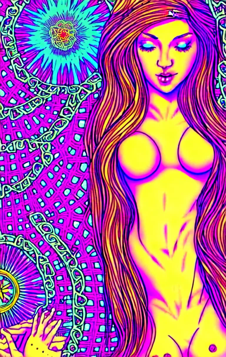 Image similar to beautiful hippie girl illustration, closeup in bikini over psychedelic sacred geometry hallucination