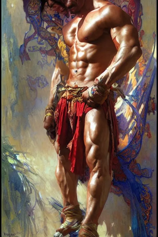 Image similar to attractive muscular man, wuxia, colorful, painting by gaston bussiere, craig mullins, greg rutkowski, alphonse mucha