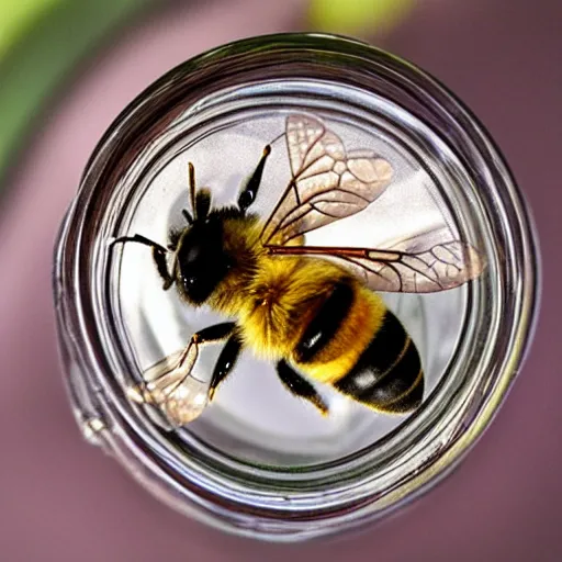 Prompt: a photo of a bee in a jar on a table