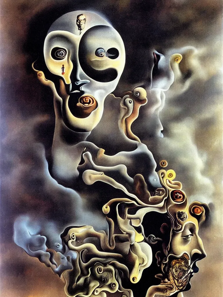 Prompt: my head is a smoke sphere. artwork, surrealist, metaphysical, metaphorical, ephemeral, atmospheric, symbolic art by salvador dali