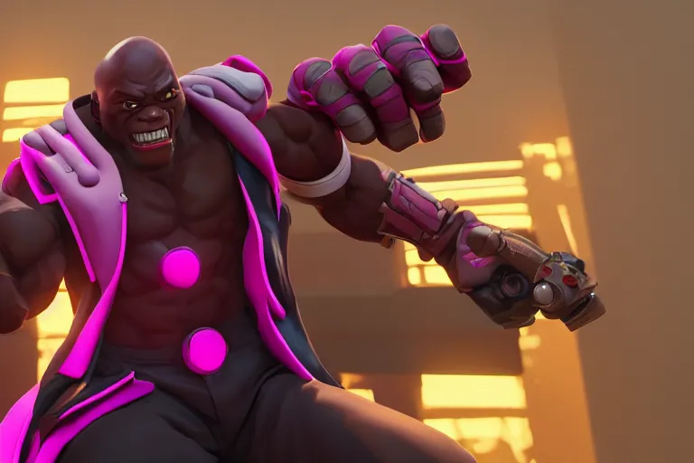 Image similar to doomfist, pink blazer, overwatch game, digital art, high detailed, unreal engine, artstation, 3 d render