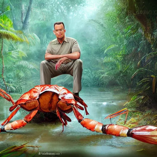 Image similar to Tom Hanks as forrest gump sitting on a giant shrimp in the jungle, realistic digital painting, in the style of Aleksi Briclot, photoreailstic, realistic face, amazing detail, sharp