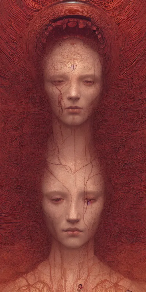 Image similar to Woman masterpiece, red, golden halo behind her head, by Edgar Maxence and Ross Tran, Zdzisław Beksiński, and Michael Whelan, distant, gustav dore, H.R. Giger, 8k, octane render