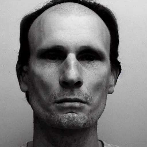 Image similar to A mugshot portrait of a middle aged man who looks like Jerma985 with a receding hairline and short mid-length wavy hair, wearing mid-1980s menswear in the late 2008, taken in the late 1980s, grainy, realistic, hyperrealistic, very realistic, highly detailed, very detailed, extremely detailed, detailed, trending on artstation, front facing, front view, headshot and bodyshot, detailed face, very detailed face
