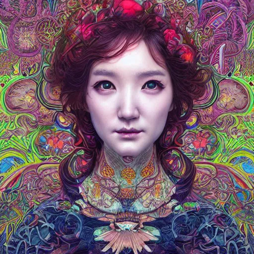 Image similar to portrait of park min young, hyper detailed masterpiece, neon floral pattern, jean giraud, digital art painting, darkwave goth aesthetic, psychedelic, artgerm, donato giancola and tom bagshaw