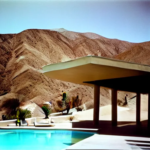 Prompt: hillside desert pavilion, palm springs, metal, glass, stone, large overhangs, beautiful vistas with cacti, rectangular pool, minimal kitchen, sliding glass windows, rust, shadows, tall entry, kodachrome, chromakey, 8k, realistic, photo by julius shulman, a group of sunbathing beautiful women in white swimsuits