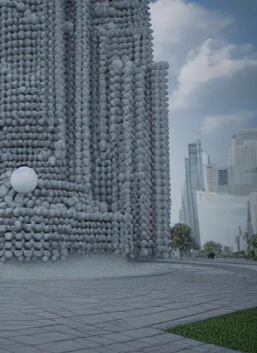 Prompt: highly detailed realistic architecture 3 d render of a futurisctic stele made from balls standing in a city park, archdaily, made in unreal engine 4 octane render