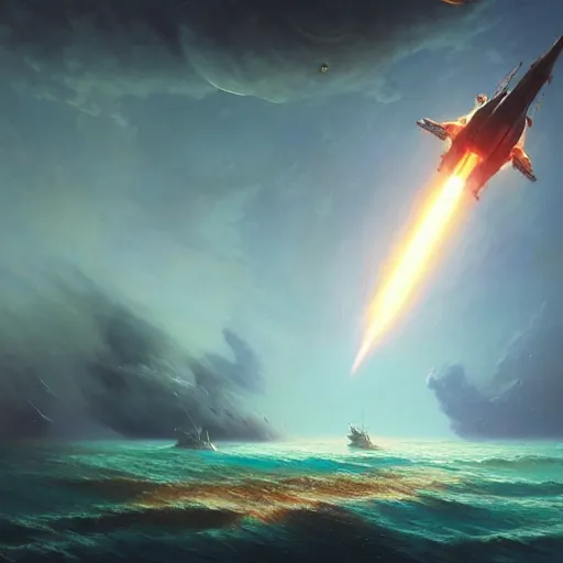 Prompt: ''cinematic shot of an spaceship being hit by a rocket and has to evacuate from the ship made by ivan aivazovsky, peter mohrbacher, greg rutkowski volumetric light effect broad light oil painting painting fantasy art style sci - fi art style realism premium prints available artwork unreal engine