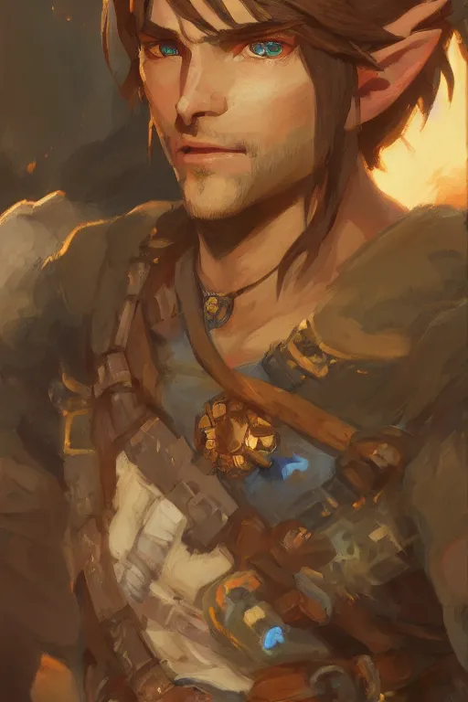 Prompt: a portrait of link from breath of the wild, by gaston bussiere, by mandy jurgens and bayard wu and greg rutkowski, cinematic lightning