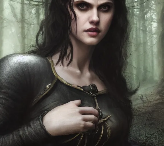 Image similar to 5 5 mm close up portrait photo of alexandra daddario as yennefer of vengerberg in black leather armor and black hair and purple eyes, in a forest. magical atmosphere. art by greg rutkowski. lifelike. soft light. nikon d 8 5 0.