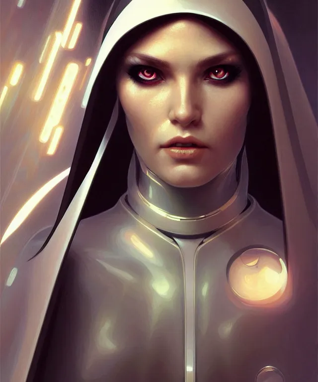 Image similar to futuristic nun woman portrait, sci - fi, amber eyes, face, long hair, fantasy, intricate, elegant, highly detailed, digital painting, artstation, concept art, smooth, sharp focus, illustration, art by artgerm and greg rutkowski and alphonse mucha