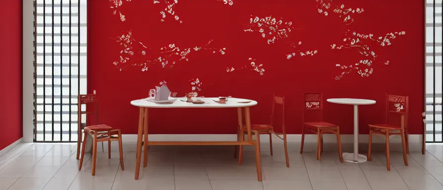 Image similar to a beautiful simple interior render of small roasted string hotpot restaurant restaurant yan'an, wall corner, from china, red paper wall and white tile floor, rectangle white porcelain table, fine simple delicate structure, chinese style, simple composition, simple style structure decoration design, victo ngai, 4 k hd