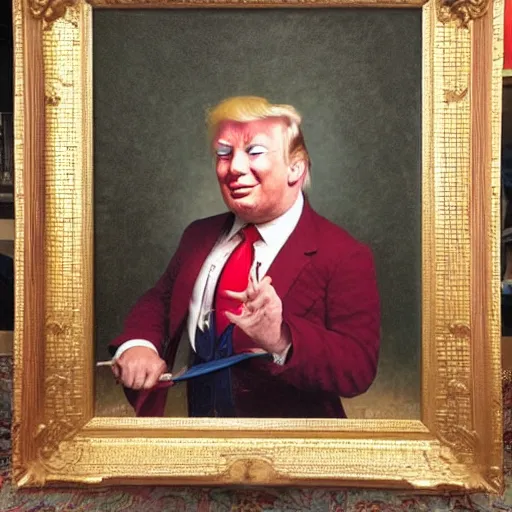 Image similar to Painting of Donald Trump as a clown. Old. Unhappy. Bald. Fat. Art by william adolphe bouguereau. Very very very very very very much detailed. Ugly. 4K. Award winning.