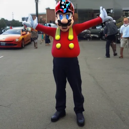 Prompt: a man poorly cosplaying super mario characters