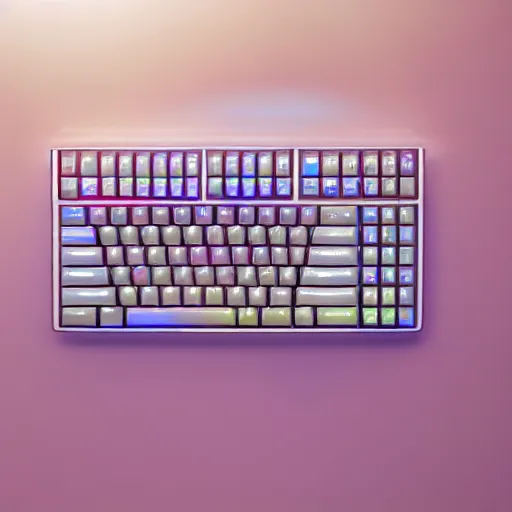 Image similar to an ultra high definition professional studio quality photograph of a transparent iridescent perspex pastel coloured keyboard on white coat hook in an empty white room. dramatic lighting, ray tracing, refraction, shallow d. o. f, colour corrected, golden ratio, three point light. volumetric shadows. god rays.