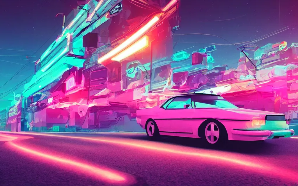 Prompt: a car drifting on a neon road, digital art by beeple, in the style of retrowave