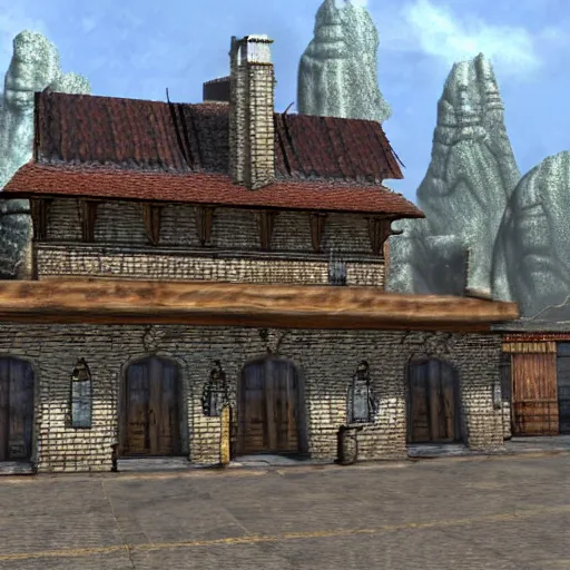 Image similar to Render of a front of Polish shop Żabka, screenshot from game The Elder Scrolls III: Morrowind (2002)