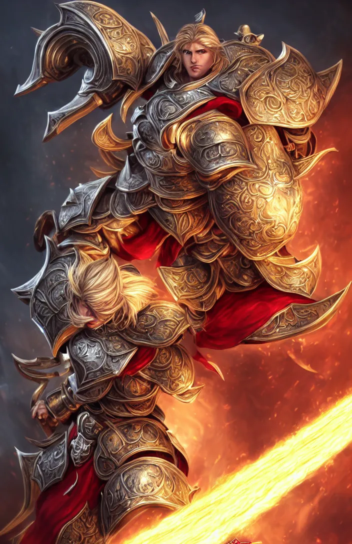 Prompt: the latest blond male beefcake by Sakimichan, porcelain white skin, imperial centurion in black plate armor and red tabard decorated with thin golden filigree, voluptuous male, long curly light blond hair, long fluffy blond curly hair, wreathed in scintillating radiance flames of war, league of legends splash screen, hyper detailed background, 4K, artstation