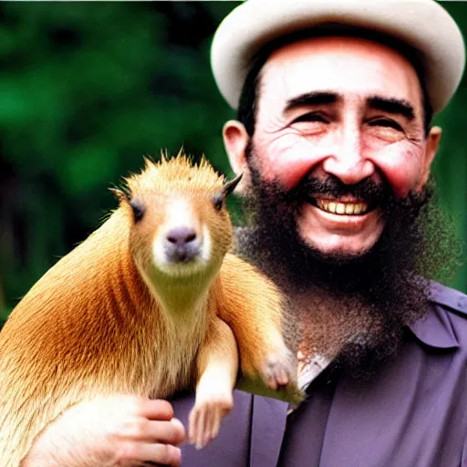 Image similar to photo of Fidel Castro smiling, holding his pet Capybara, 50mm