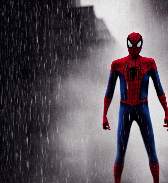 Prompt: cinematic of tobey maguire as spiderman, dramatic rain, 8 k, moody lighting