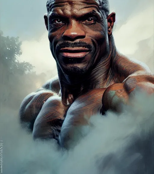 Image similar to Highly detailed portrait of ronnie Coleman, Stephen Bliss, unreal engine, fantasy art by Greg Rutkowski, Loish, Rhads, ferdinand knab, Makoto Shinkai and Lois van baarle, ilya kuvshinov, rossdraws, Tom Bagshaw, global illumination, radiant light, detailed and intricate environment