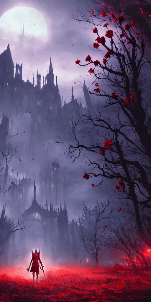 Image similar to abandoned bloodborne old valley with a obscure person at the centre and a ruined gothic city in the background, trees and stars in the background, falling red petals, epic red - orange moonlight, perfect lightning, wallpaper illustration by niko delort and kentaro miura, 4 k, ultra realistic