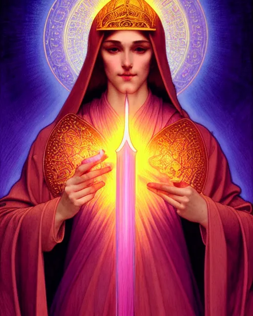 Image similar to symmetry portrait of saint germain holding a violet colored flame, intricate, elegant, highly detailed, digital painting, artstation, concept art, smooth, sharp focus, illustration, art by artgerm and greg rutkowski and fra angelico and alphons mucha