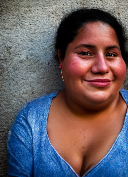 Image similar to close up portrait of a beautiful, chubby, 30-year-old woman from Cuba, happy, candid street portrait in the style of Martin Schoeller, award winning, Sony a7R