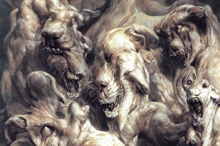 Image similar to hyperdetailed matte art of cerberus by william blake, ilya repin, amano, rene magritte, craig mullins, three headed dog, details