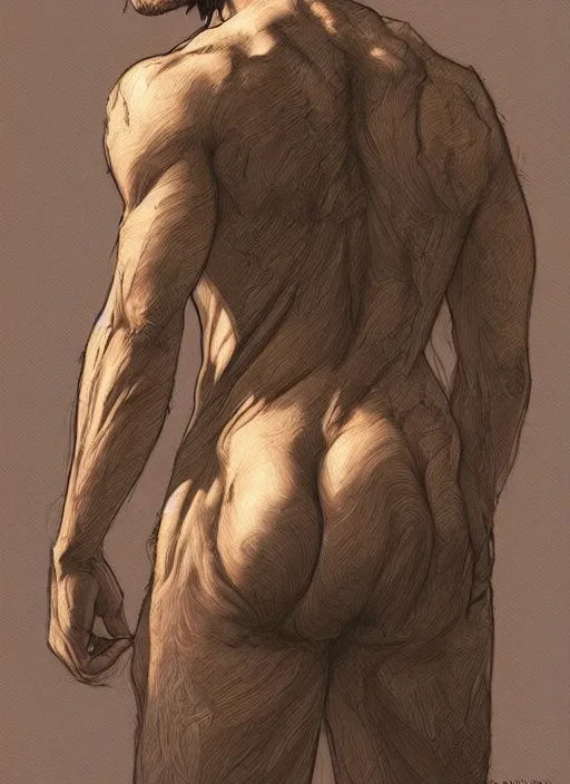 Image similar to darkhaired man seen from behind wearing loose tee shirt, head and shoulders, intricate, highly detailed, centered, digital painting, artstation, concept art, smooth, sharp focus, illustration, art by artgerm and donato giancola and Joseph Christian Leyendecker