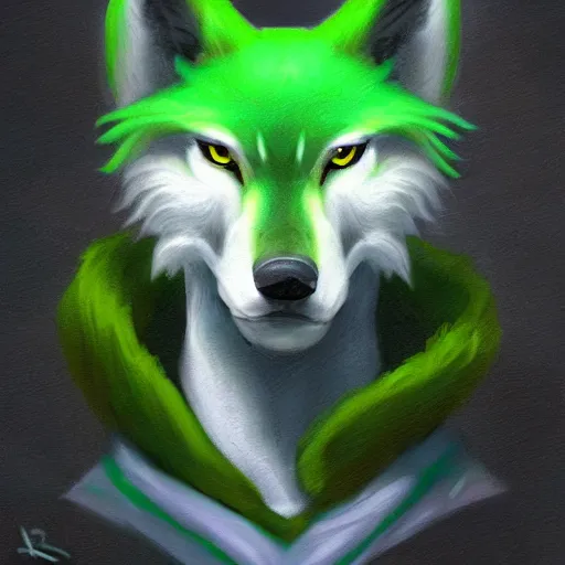 Image similar to Beautiful portrait digital painting, oil painting, anthro anthropomorphic pastel-green androgynous wolf, at a lake anarchist anarcho-punk Punk Punk outfit. furaffinity, artstation