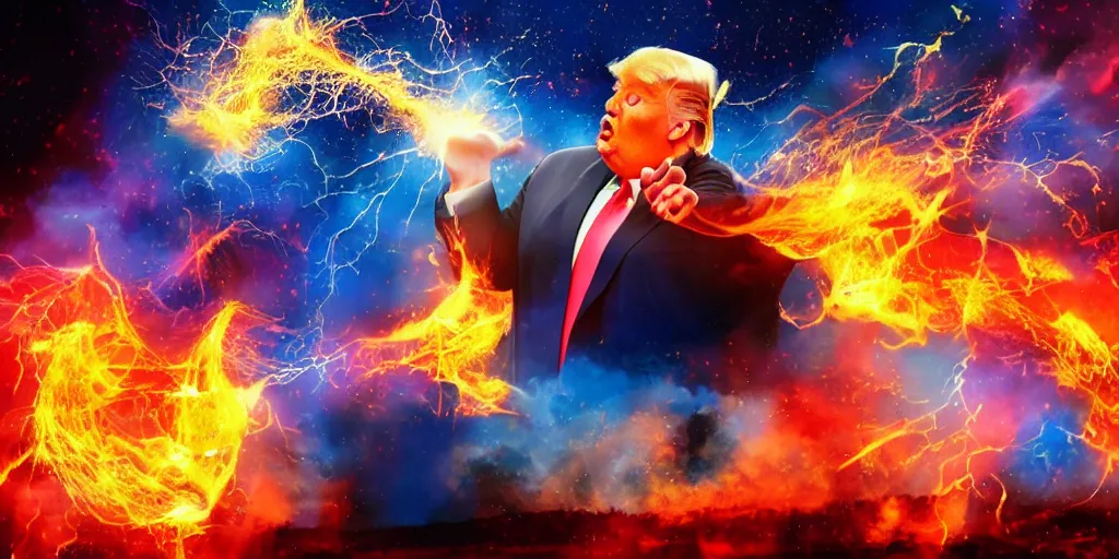 Image similar to obese donald trump casting fireballs, colorful hd picure, lightning in the background