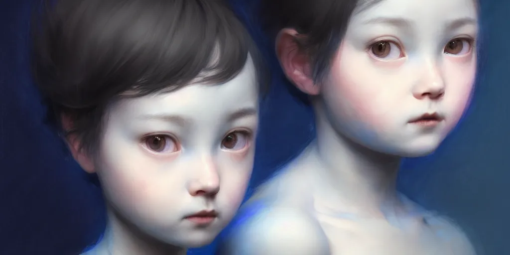 Image similar to portrait of a big eyed, blue short haired beautiful little girl looking sad to the camera with sad eyes, extremely detailed digital painting, in the style of fenghua zhong and ruan jia and jeremy lipking and peter mohrbacher, mystical colors, rim light, beautiful lighting, 8 k, stunning scene, raytracing, octane, trending on artstation