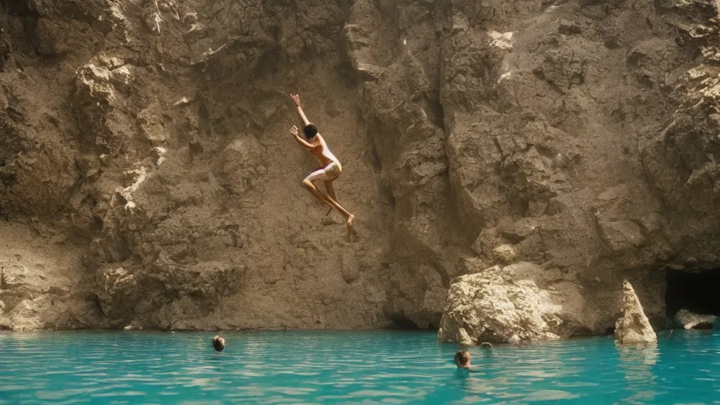Image similar to a man cliff jumping into waters that are actually a portal to another dimension, film still from the movie directed by Wes Anderson and Jacques Tati with art direction by Salvador Dalí, wide lens