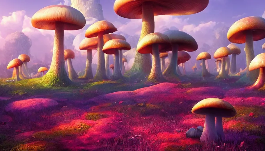 Image similar to A highly detailed digital art painting of a caustic poison mushroom landscape by from software, Makoto Shinkai, by Artgerm, by beeple, volumetric lighting, octane render, 4K resolution, trending on artstation, masterpiece, vivid colours