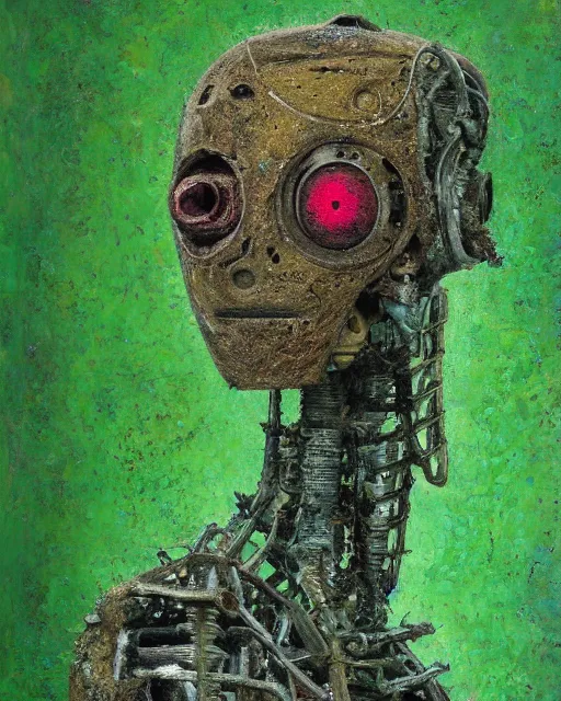 Image similar to detailed oil painting of a decayed, rusty, humanoid robot, covered in moss