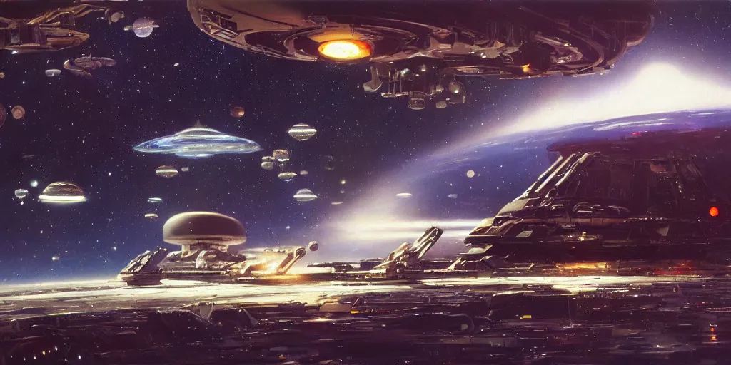 Image similar to a beautiful space scene with a spaceship, ralph mcquarrie, john berkey, alan bean trending on artstation, highly detailed oil painting, hyperrealistic, cinematic, dramatic lighting