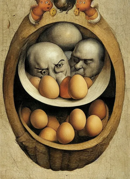 Image similar to carton of eggs with silly round humpty dumpty jack black facial expressions, realistic, by hieronymus bosch and pieter brueghel