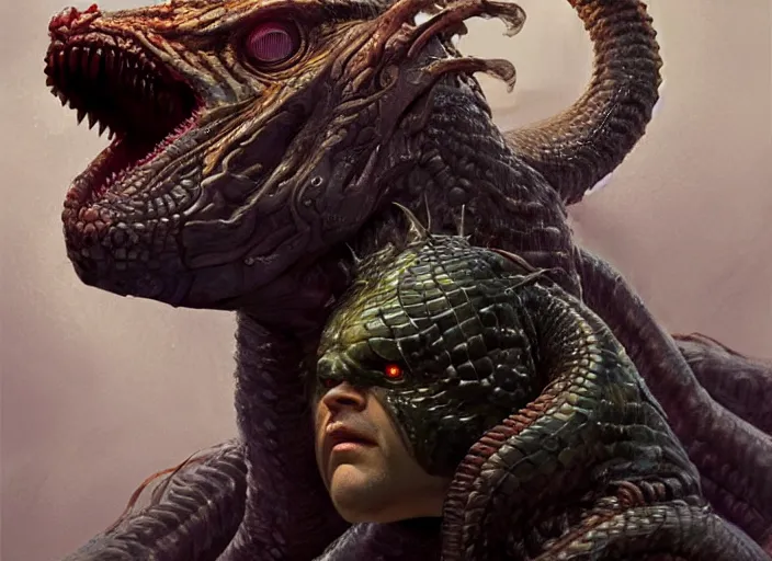 Image similar to hydra of lerna with two heads, one head is lloyd christmas, the other head is harry dunne ( from dumb and dumber ), serpentine water monster, d & d, fantasy, portrait, highly detailed, digital painting, trending on artstation, concept art, sharp focus, illustration, art by artgerm and craig mullins