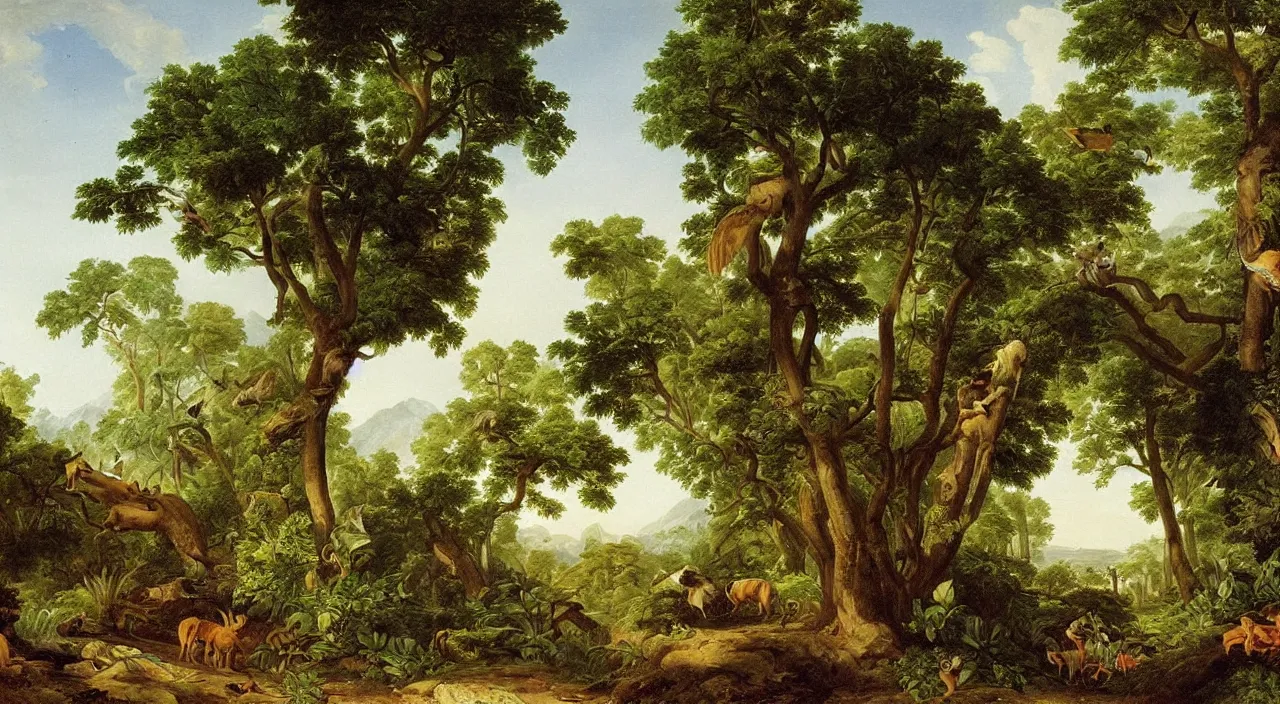 Prompt: a beautiful painting of tropical plants and animals, by asher brown durand