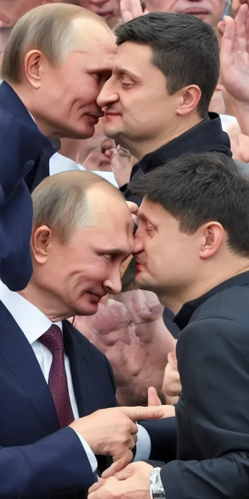 Image similar to Vladimir Putin open mouth kissing Volodymyr Zelenskyy