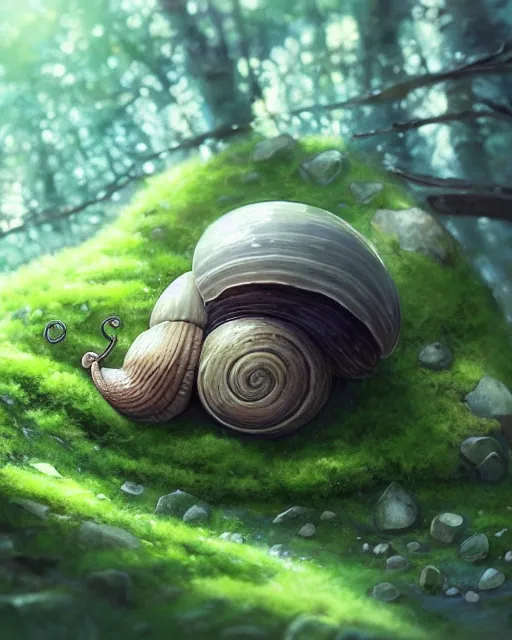 Prompt: a cute large snail with a shell made of stone and moss, lush aspen forest, great detail, epic composition, top down angle ， by makoto shinkai an krenz cushart