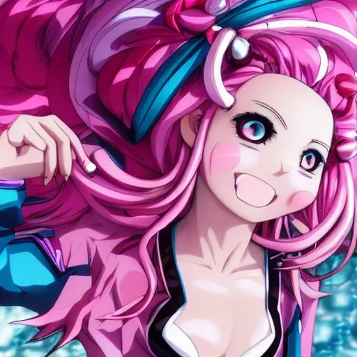 Image similar to stunningly beautiful omnipotent megalomaniacal anime goddess who looks like junko enoshima with porcelain skin, pink twintail hair and mesmerizing cyan eyes, symmetrical perfect face smiling in a twisted, mischievous, devious and haughty way while looking down upon the viewer, mid view, hyperdetailed, 2 d, 8 k