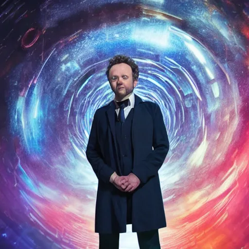 Image similar to a full body photograph of michael sheen as'doctor who ', time vortex in the background, detailed face, symmetrical face, extreme realism and detail, 8 k, completely framed, direct lighting, 3 5 mm photo, photorealistic, sharp focus